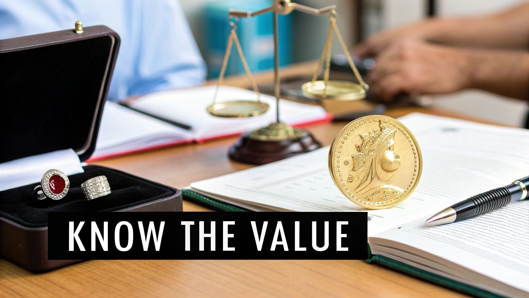 A gold Indian Head coin, rings, and a scale of justice on a desk, representing value appraisal.