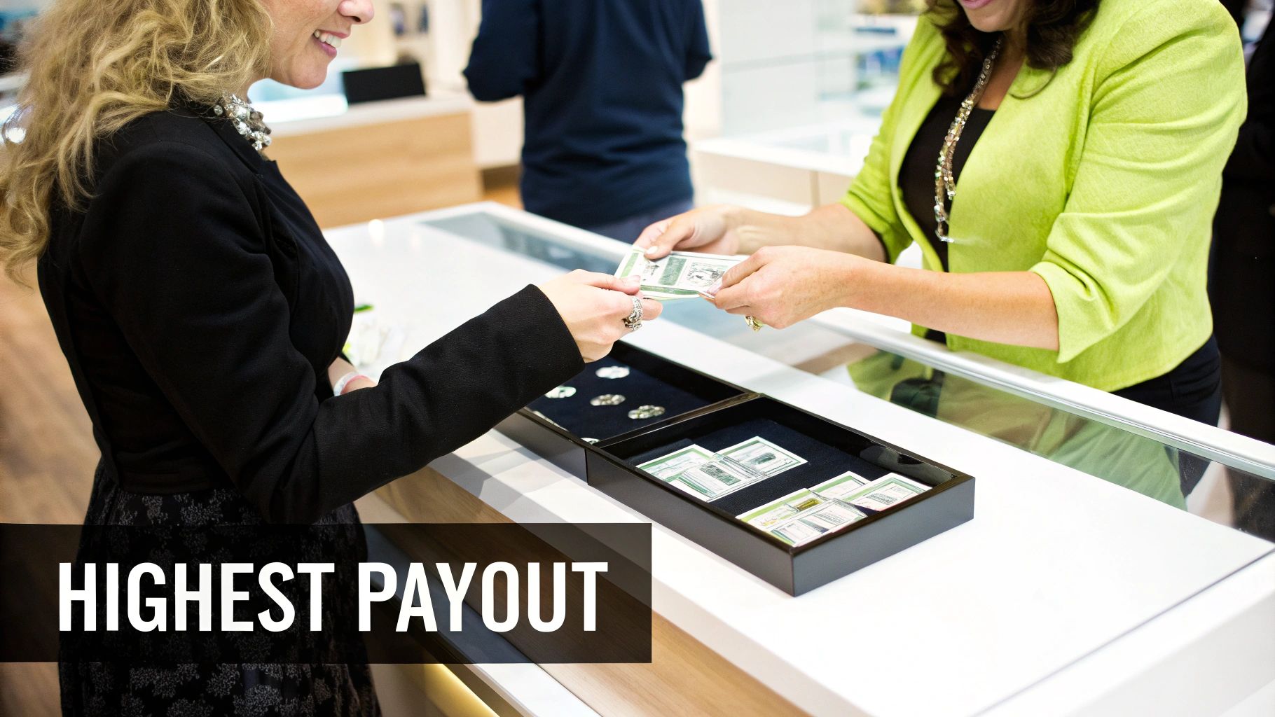 Two women exchanging cash and jewelry at a counter, emphasizing a high payout.