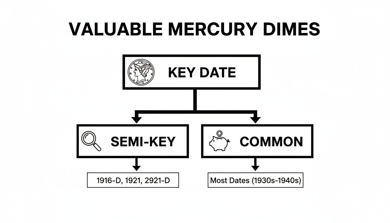 A flowchart categorizes valuable Mercury Dimes into Key Date, Semi-Key (1916-D, 1921, 2921-D), and Common dates.