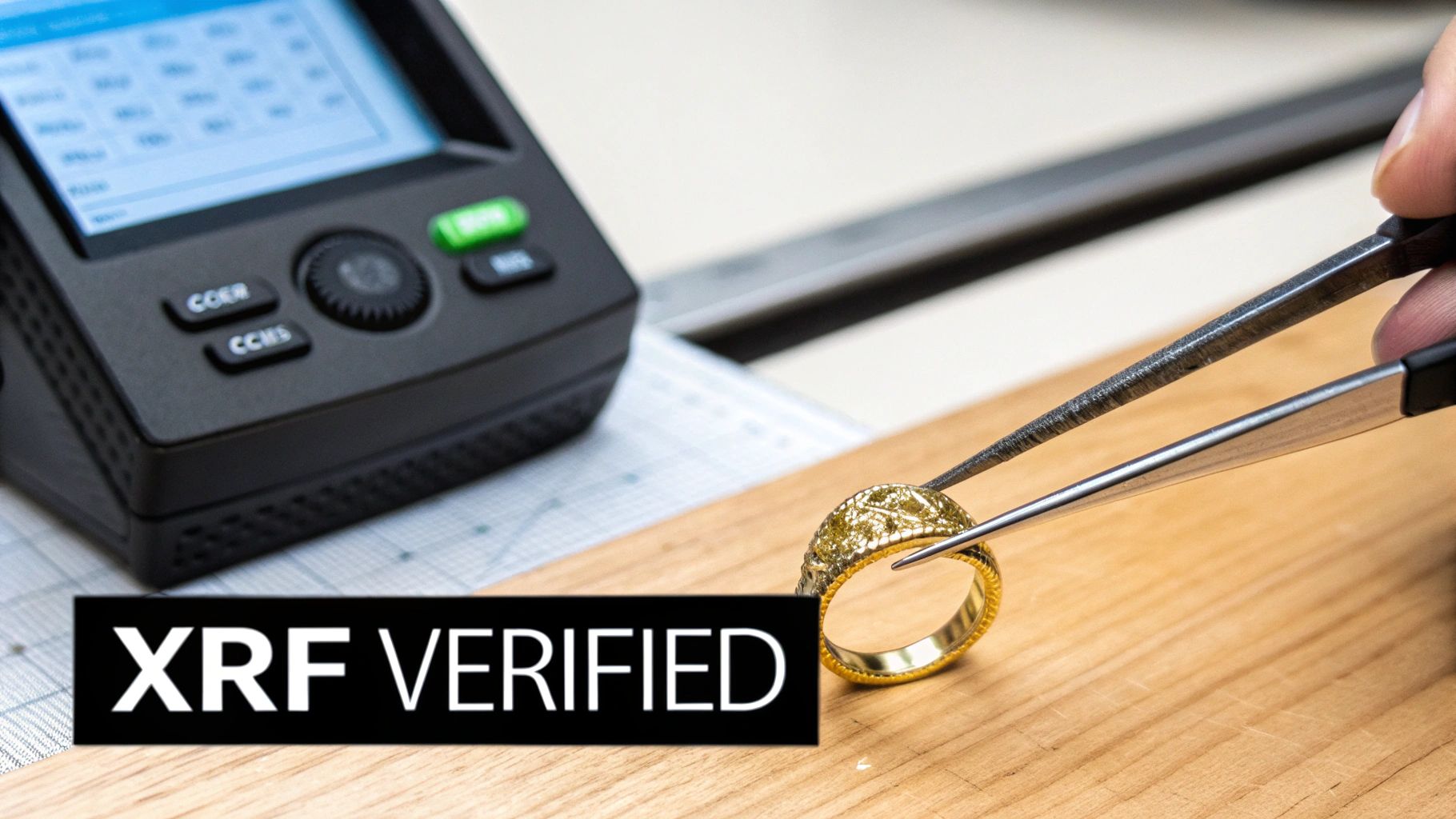 A professional using a modern X-ray scanner to test a piece of gold jewelry