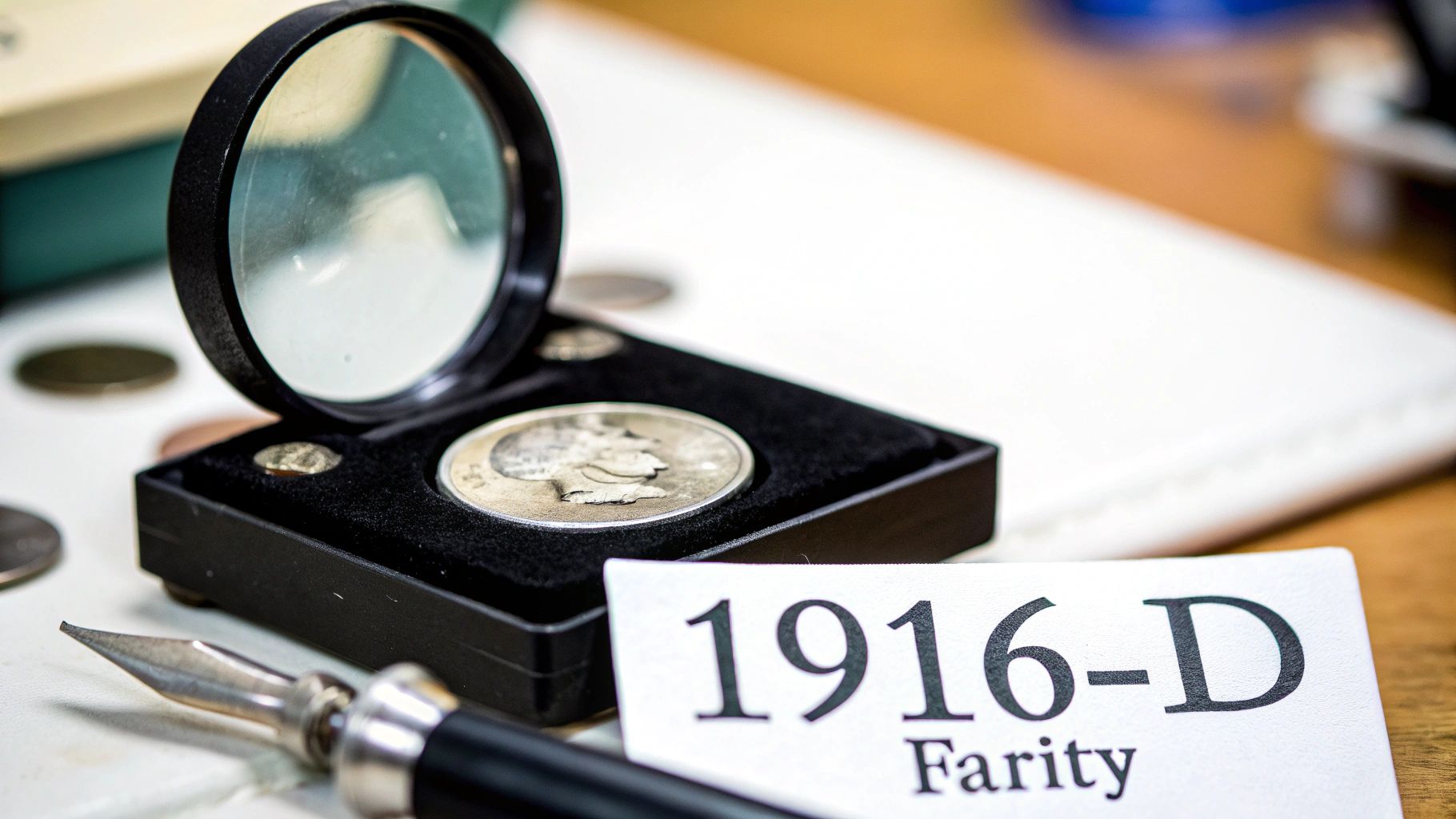 A rare 1916-D Mercury Dime in a display case with a magnifying glass and pen.