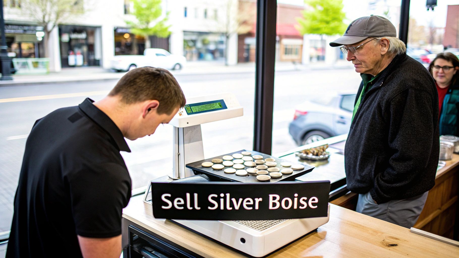 A man weighs silver coins on a digital scale in a store, watched by customers, with a 'Sell Silver Boise' sign.