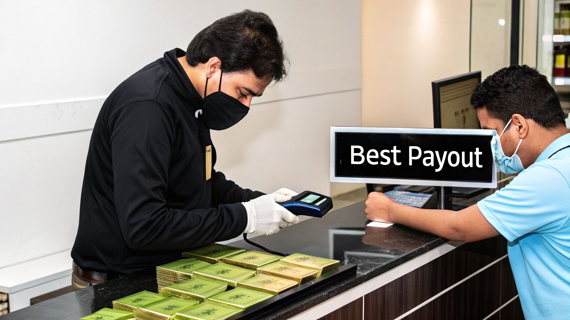 Two masked individuals at a counter, processing what appear to be gold bars, with 'Best Payout' displayed.