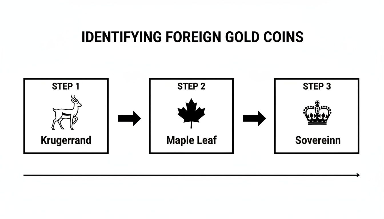 A flowchart illustrating steps to identify foreign gold coins, featuring Krugerrand, Maple Leaf, and Sovereign.