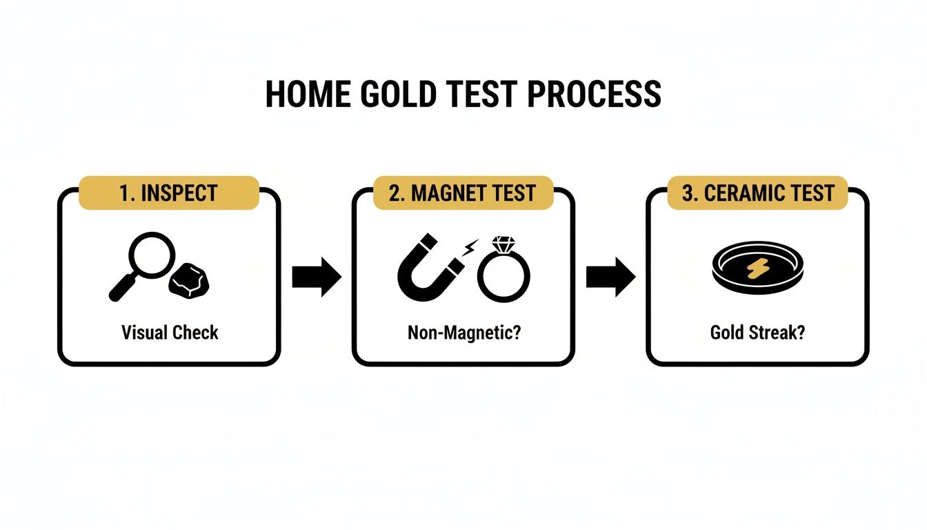 Flowchart illustrating the home gold test process, including visual inspection, magnet test, and ceramic streak test.