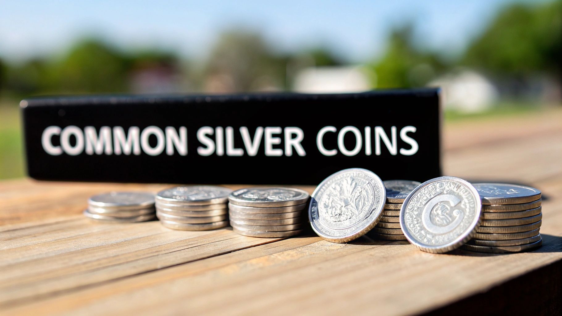 Collection of different popular foreign silver coins laid out on a table.