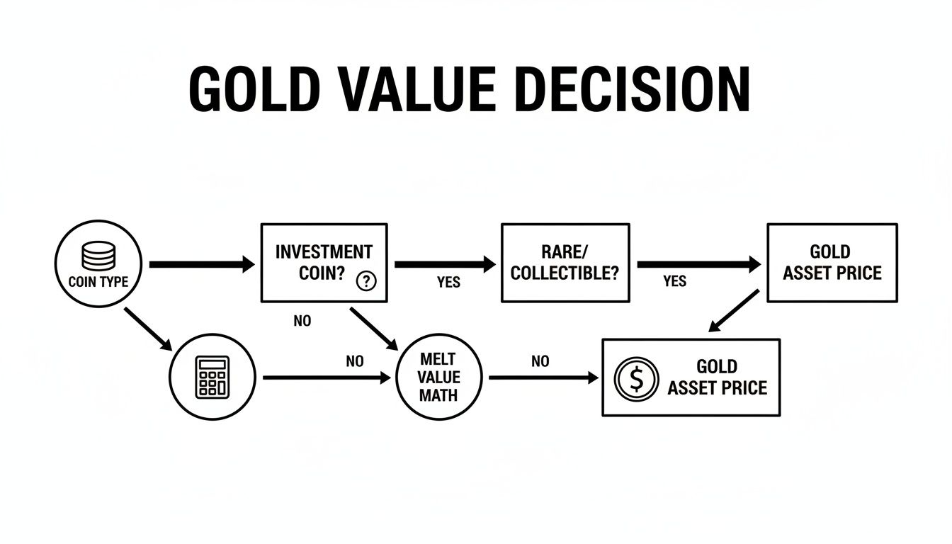 A flowchart titled 'Gold Value Decision' outlines the steps to determine a gold coin's asset price.