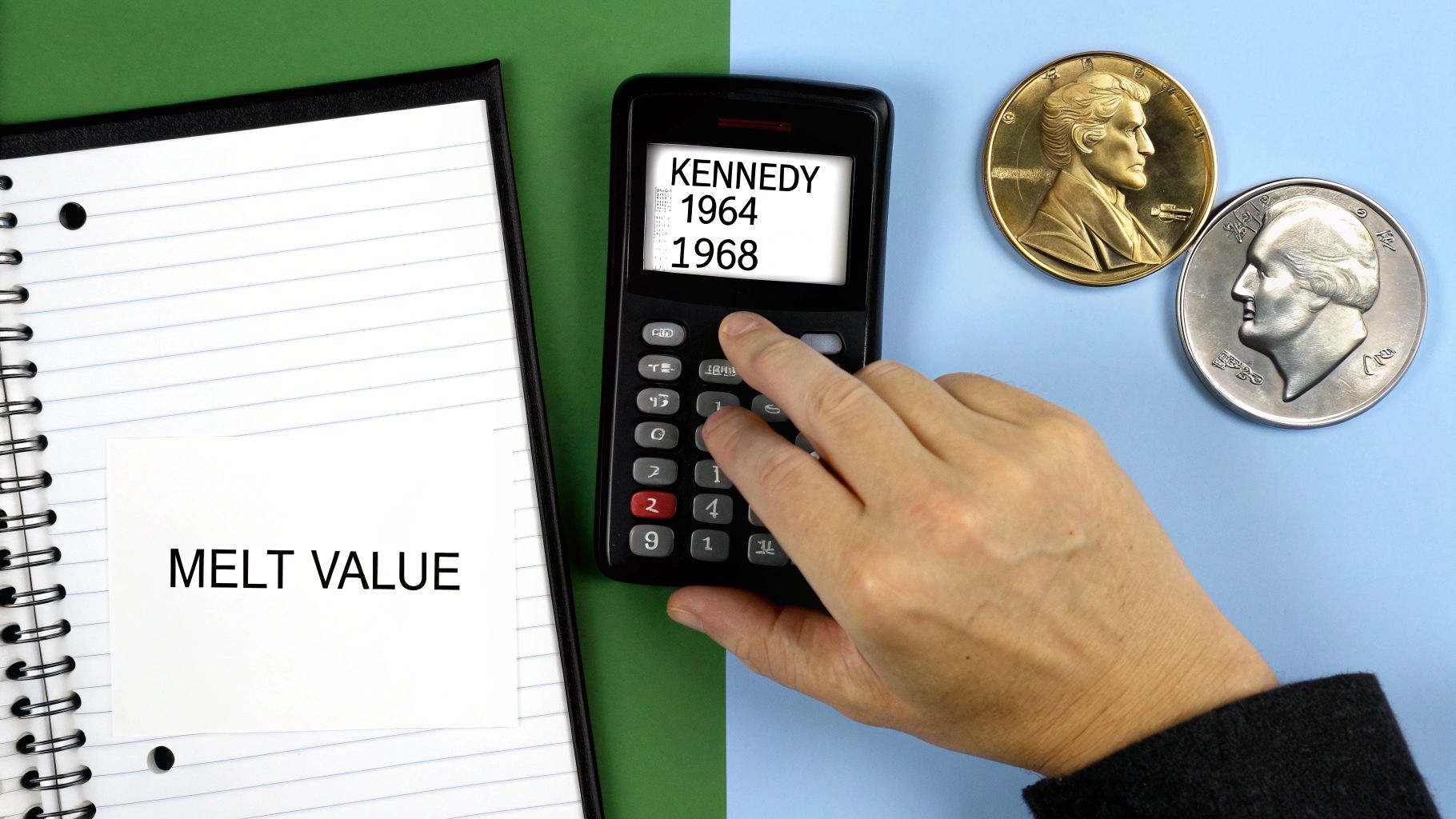 A hand uses a calculator displaying 'Kennedy 1964 1968' next to a 'Melt Value' note and two large coins.
