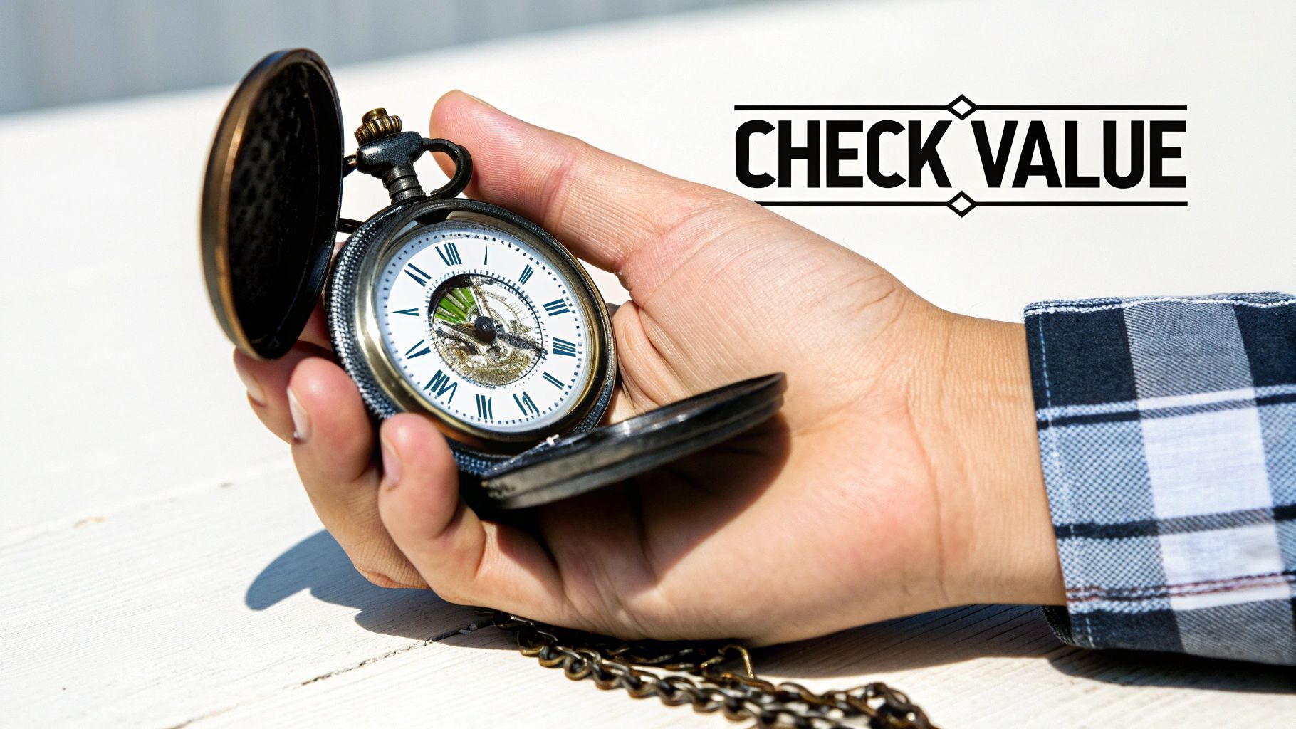 A hand holds an open antique pocket watch with Roman numerals, displaying the text 'CHECK VALUE'.