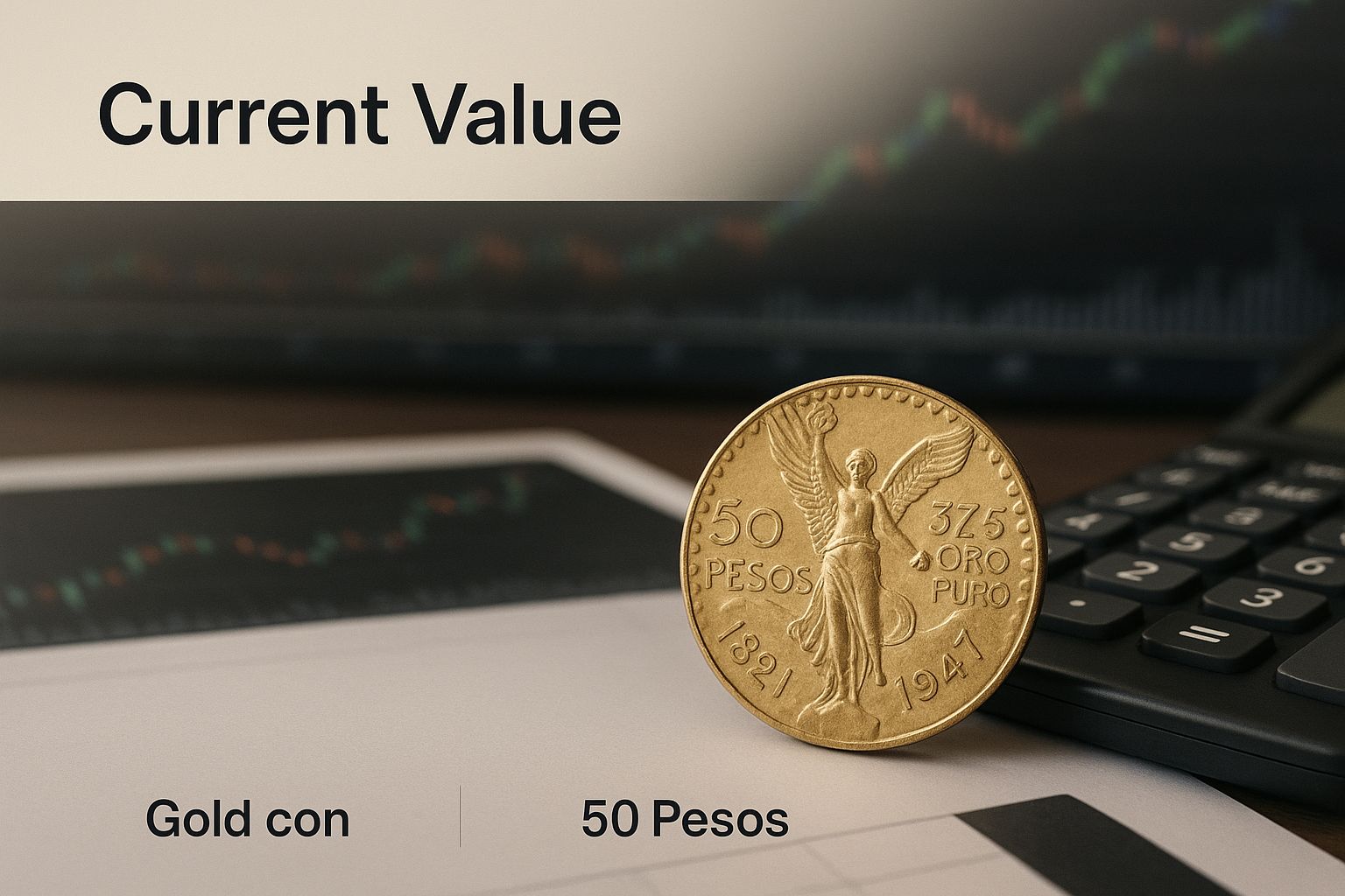 Infographic about 50 pesos gold coin value showing the coin, a calculator, and market charts.