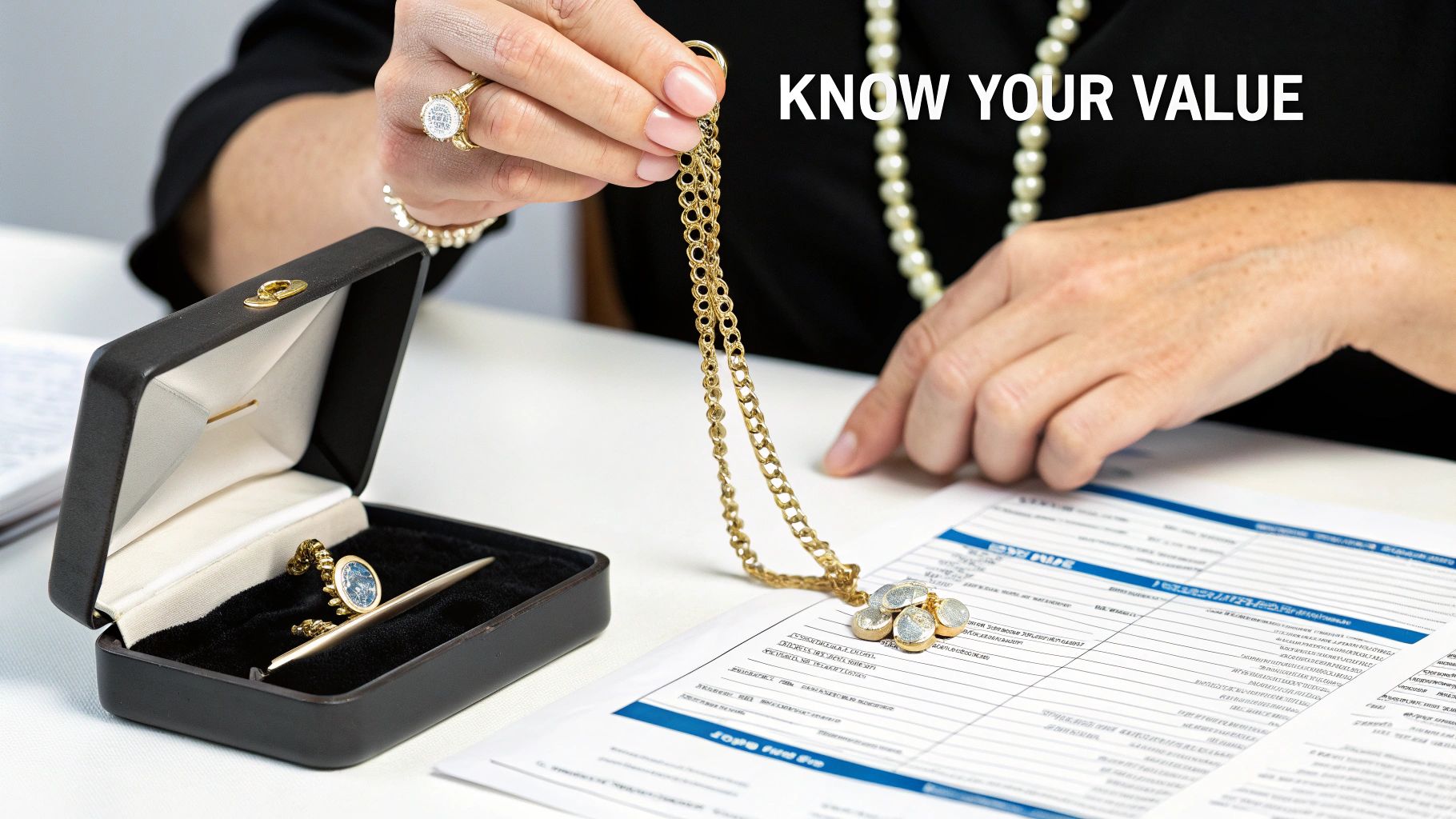 A close-up of a professional appraiser examining a diamond ring with a loupe.