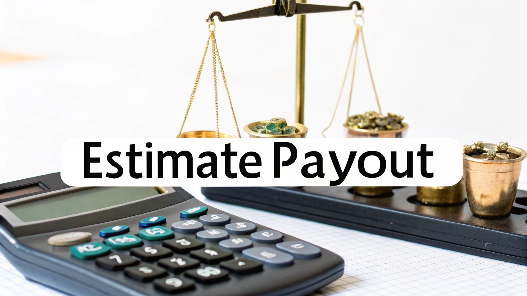 A calculator and a balance scale with weights, overlaid with text 'Estimate Payout'.