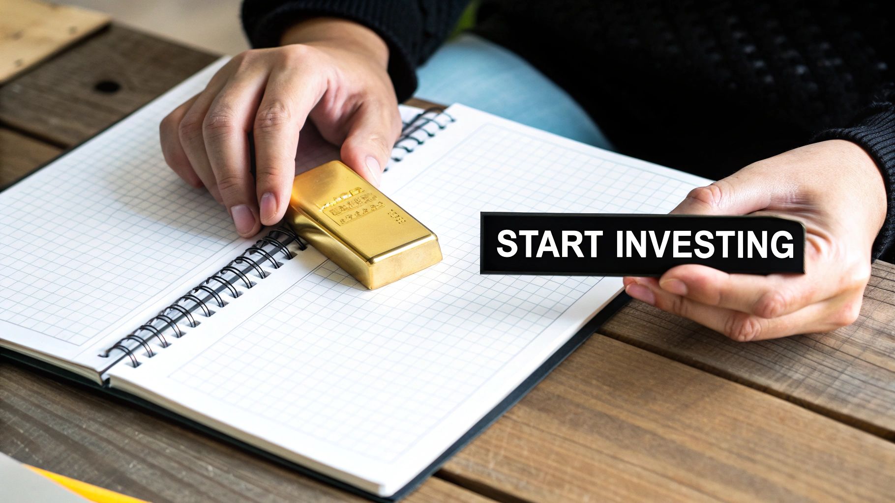 Hands holding a gold bar and a 'START INVESTING' sign over an open notebook on a wooden table.