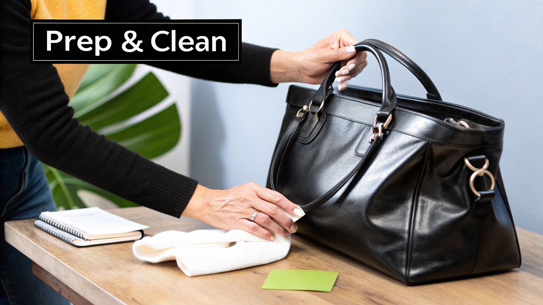 Woman cleaning black leather designer handbag with white cloth before selling online