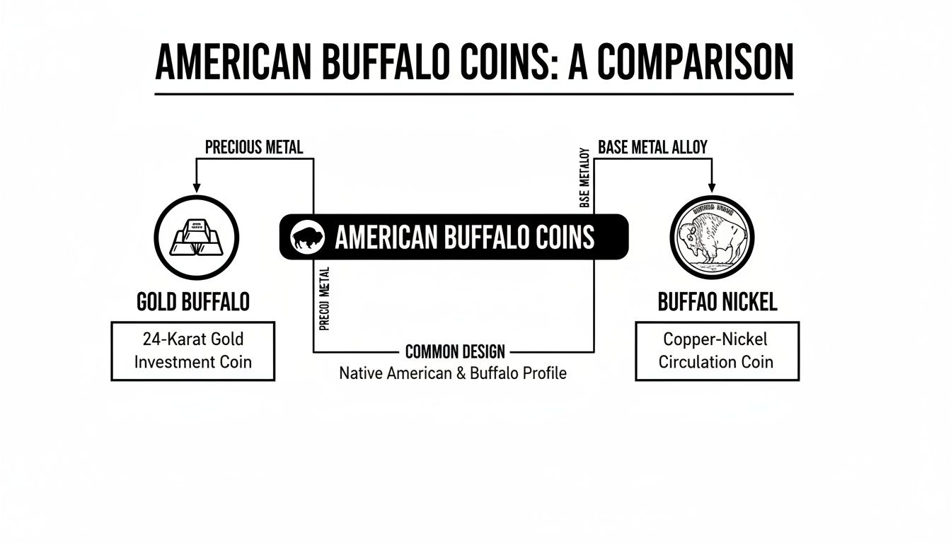 Infographic compares American Gold Buffalo investment coin and Buffalo Nickel circulation coin by metal and design.