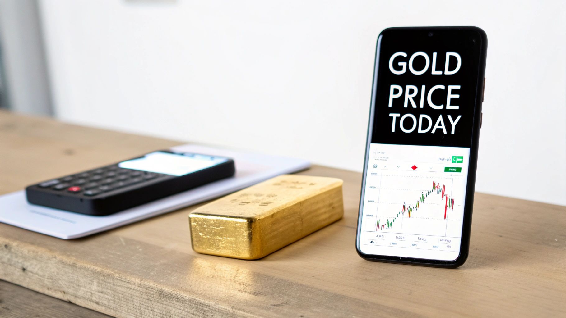 A smartphone displaying a gold price chart, a gold bar, and a calculator on a wooden table.