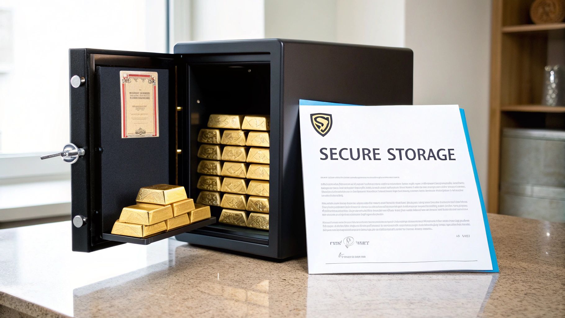 An open black safe on a counter, revealing stacks of shiny gold bars and a document.