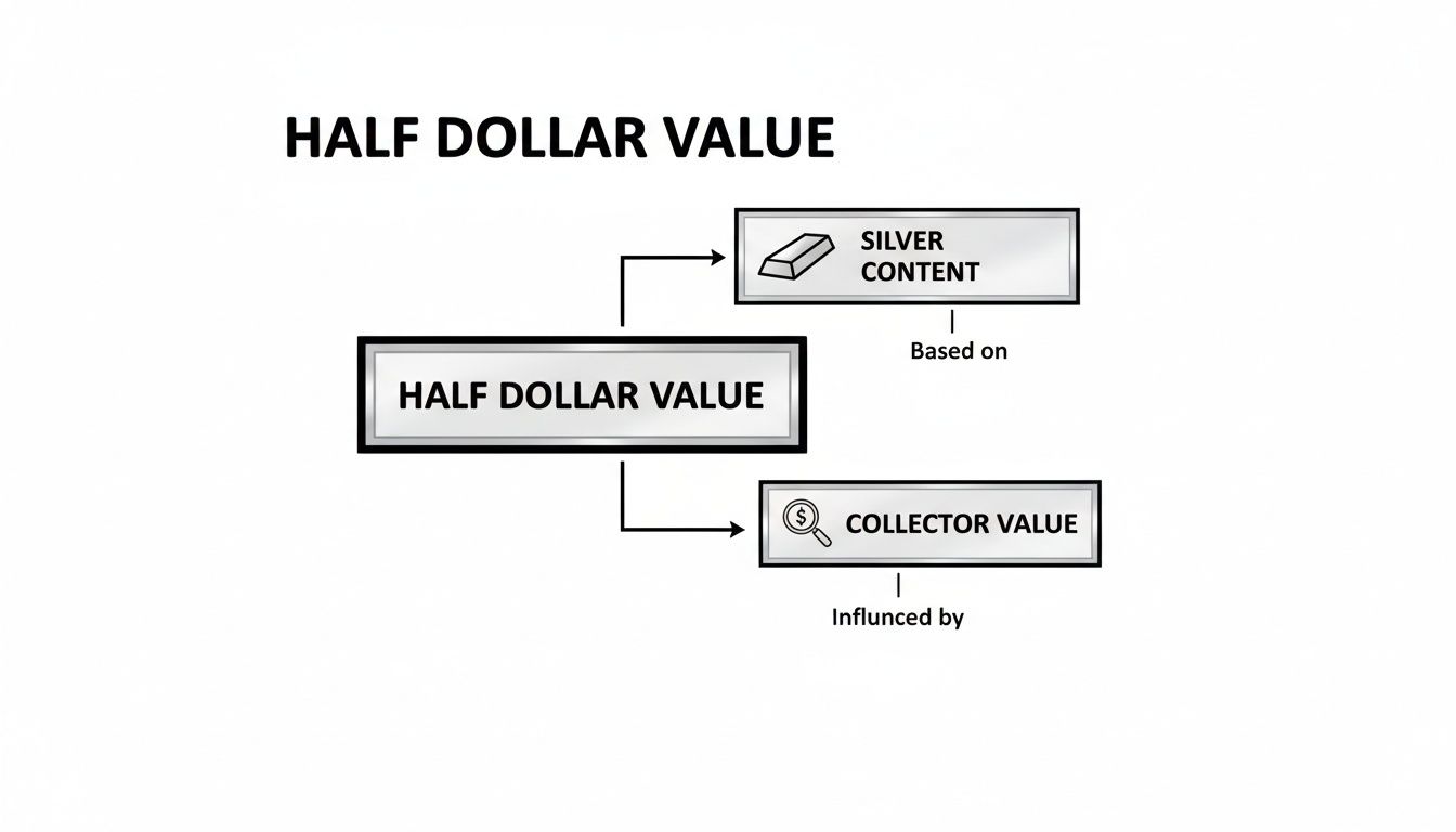 A flowchart illustrates that half dollar value is determined by silver content and collector value.