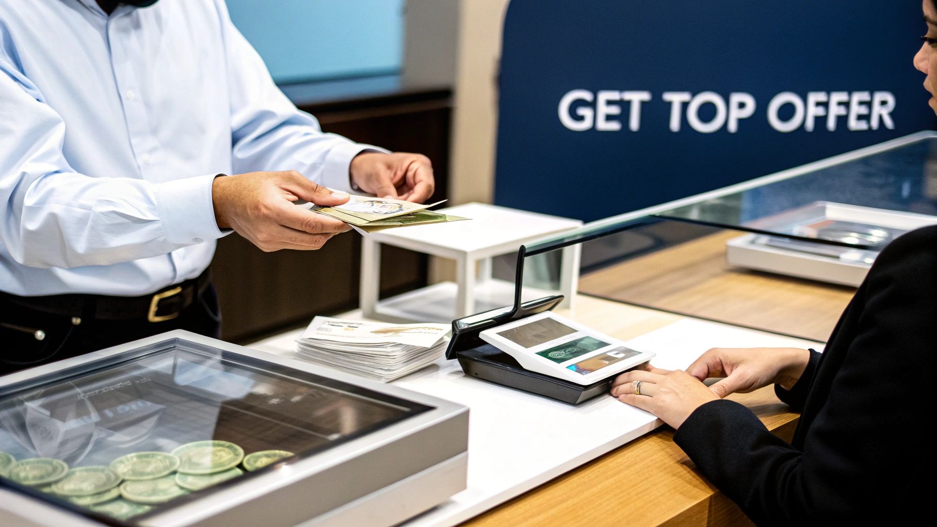 A professional using tools to appraise silver silverware on a desk.
