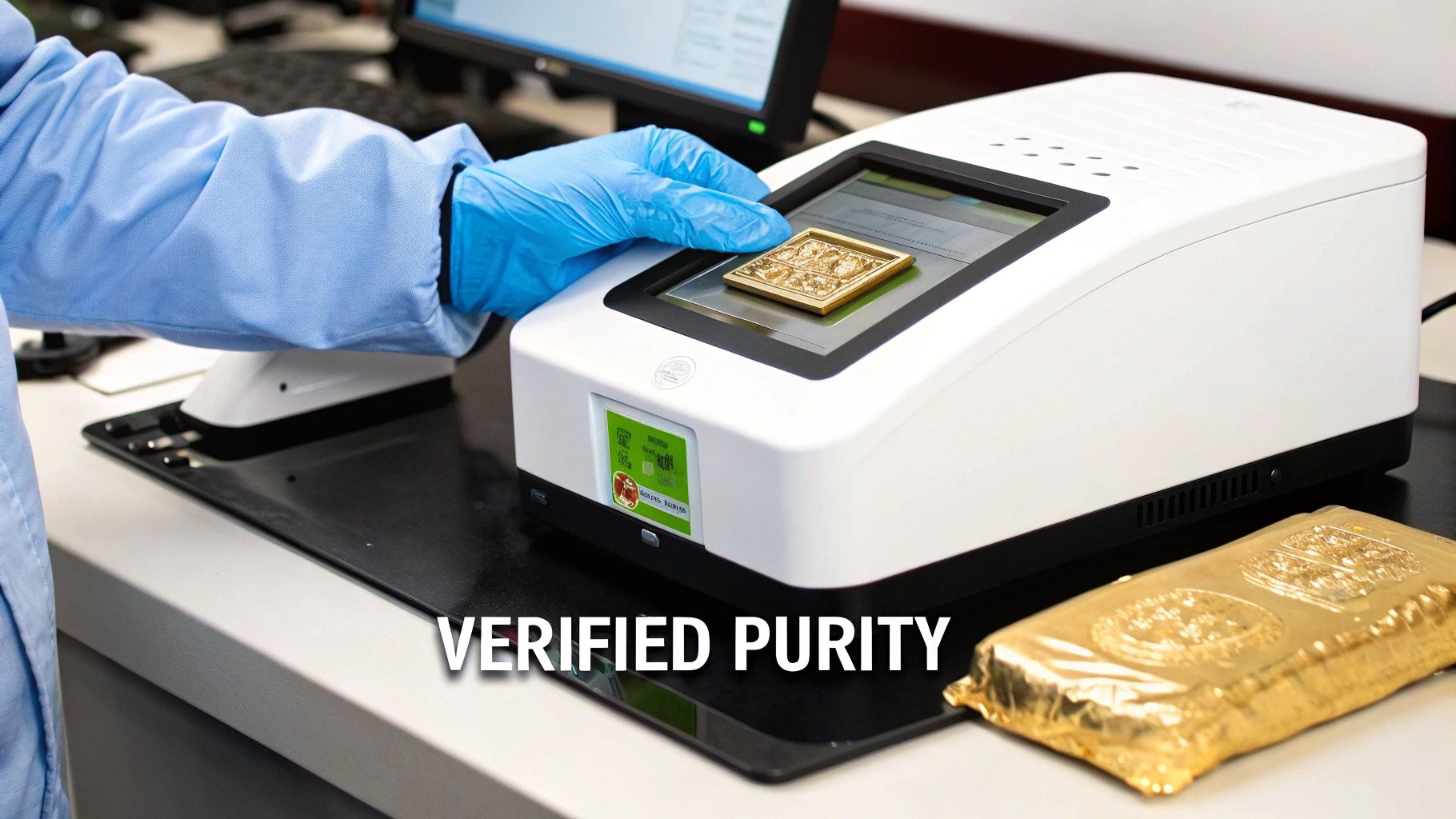 An X-ray fluorescence (XRF) scanner testing a gold sovereign coin.