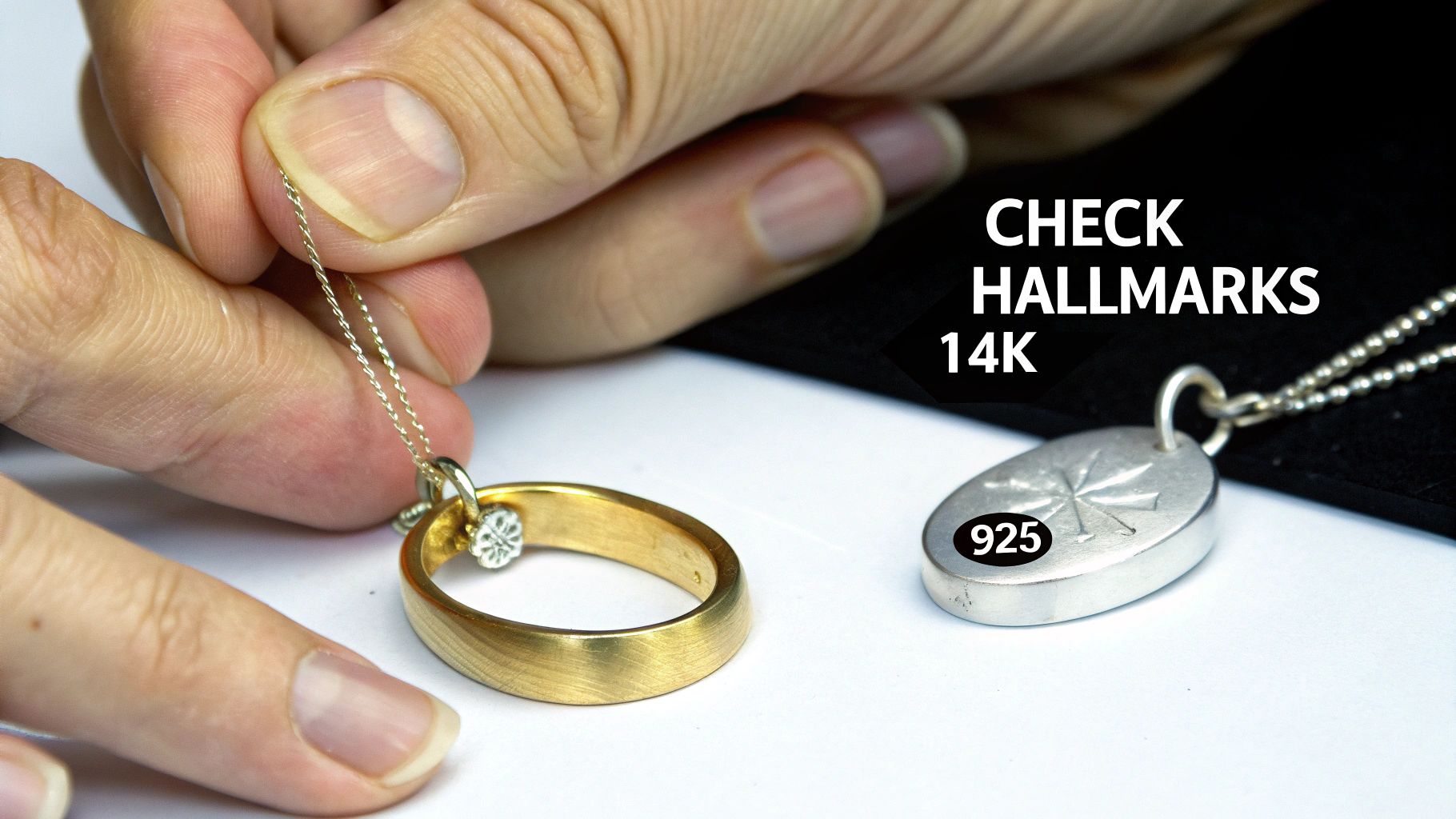 A person examining a gold ring with a loupe