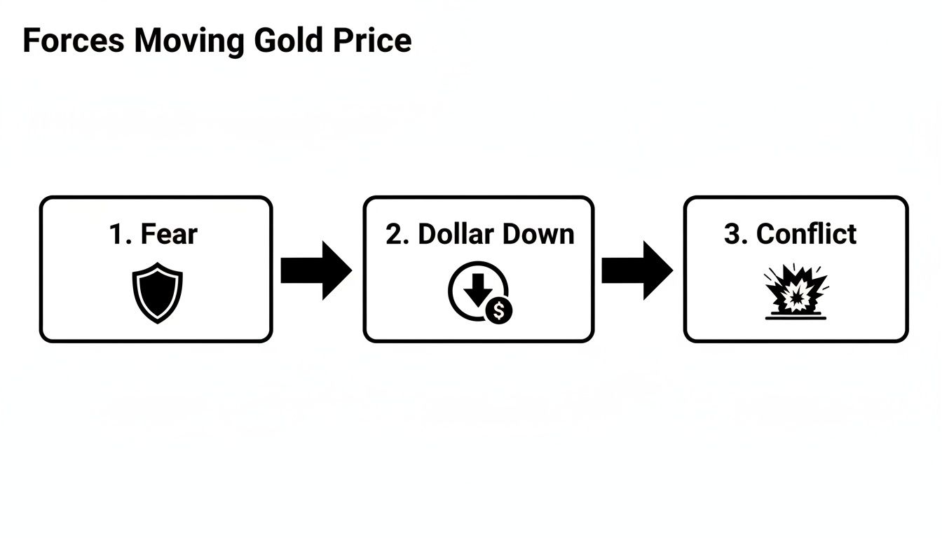 A flowchart illustrates three key forces moving gold prices: fear, a falling dollar, and conflict.