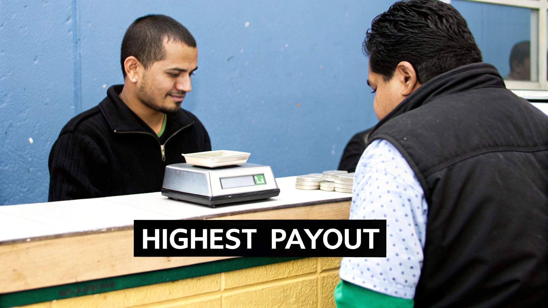 Two men at a counter, one operating a digital scale with items, suggesting a payout exchange.