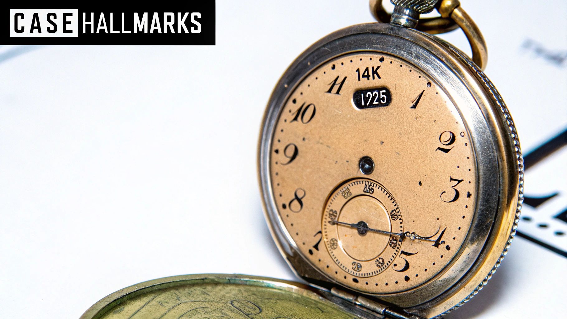 Vintage pocket watch with an open case, golden dial showing '14K 1225' and 'CASE HALLMARKS' text.