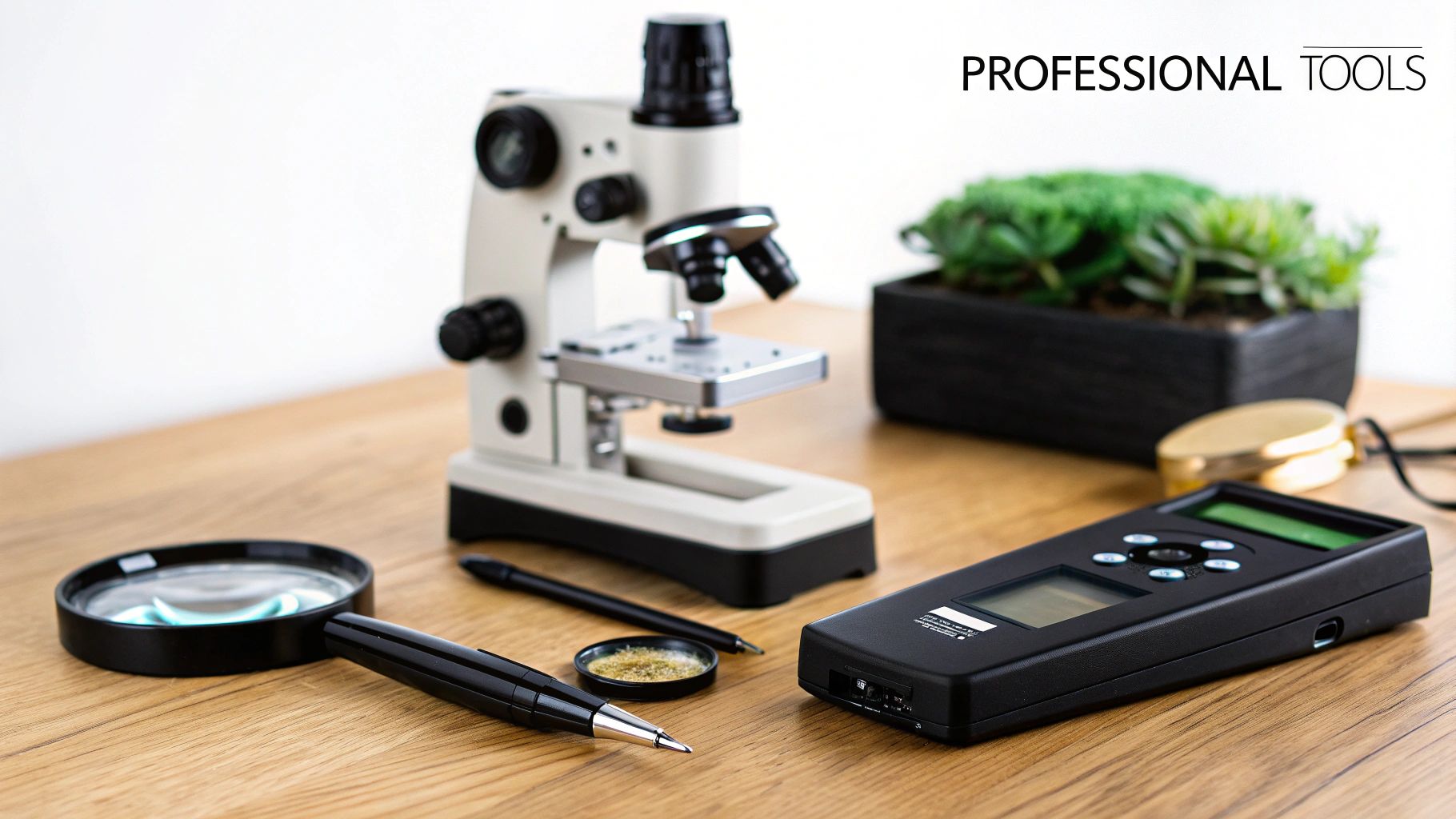 A collection of professional tools, including a microscope, magnifying glass, and electronic device, on a wooden desk.