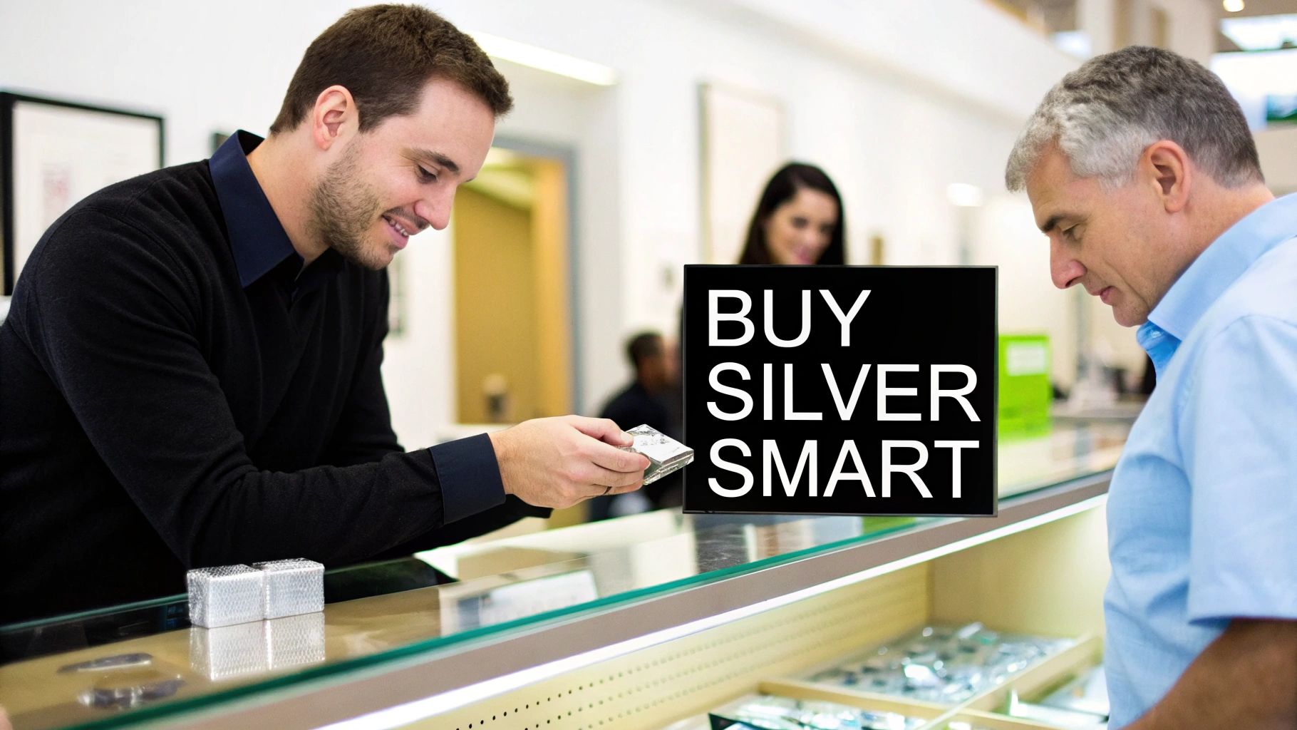 A smiling man examines silver bullion while interacting with a customer at a counter, with a 'BUY SILVER SMART' sign nearby.