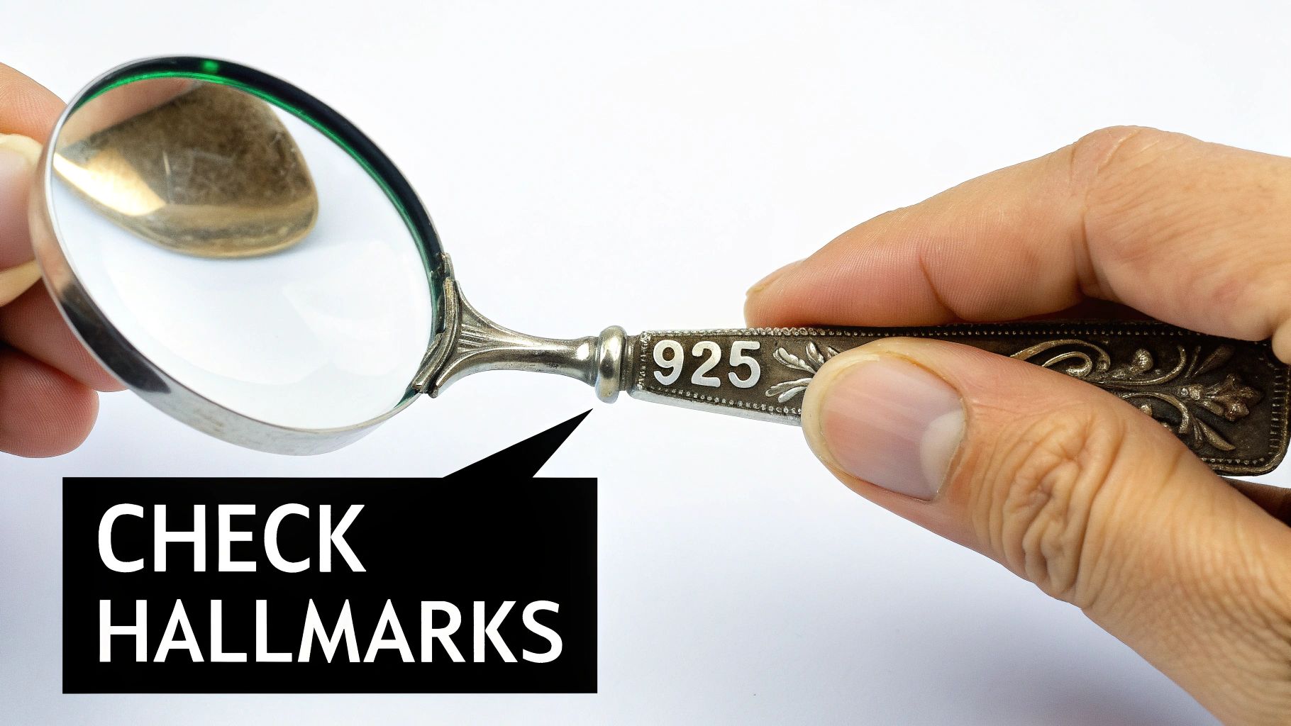 A person uses a magnifying glass to check the 925 hallmark on a sterling silver spoon.