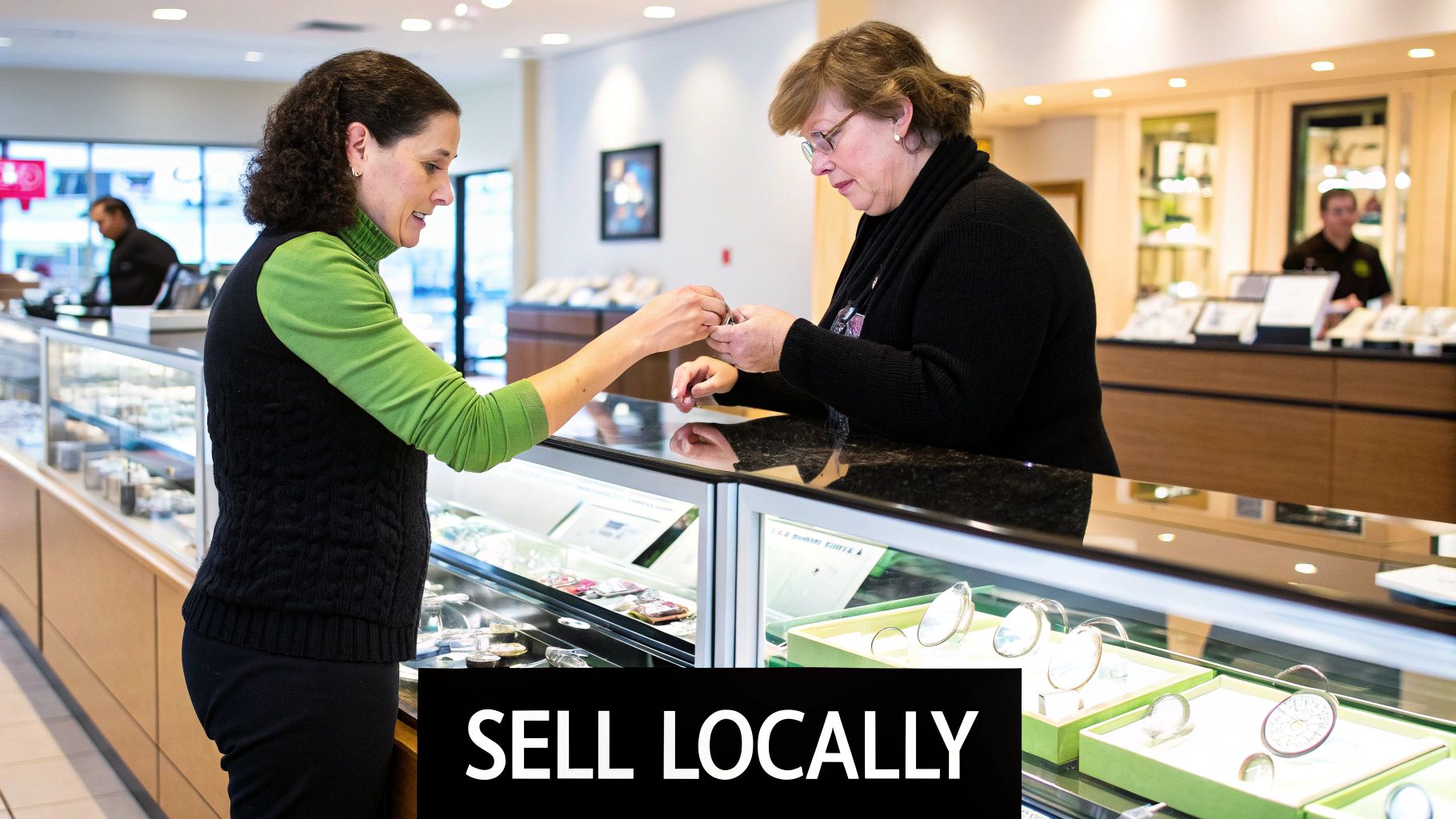 A professional jeweler examining a gold ring with tools on a counter.