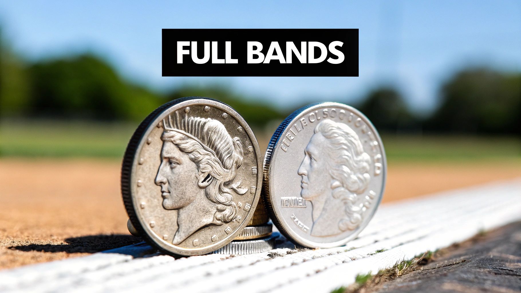 Two silver numismatic coins stand on a baseball field's foul line, displaying 'FULL BANDS' text.