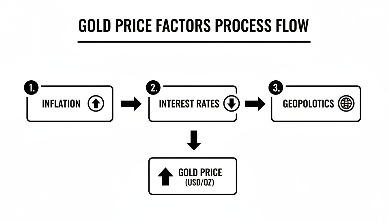 Flowchart showing how inflation, interest rates, and geopolitics affect the gold price.