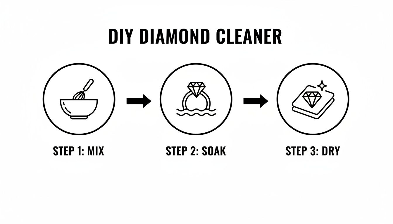 A simple 3-step guide for DIY diamond cleaning: mix, soak your ring, then dry to shine.