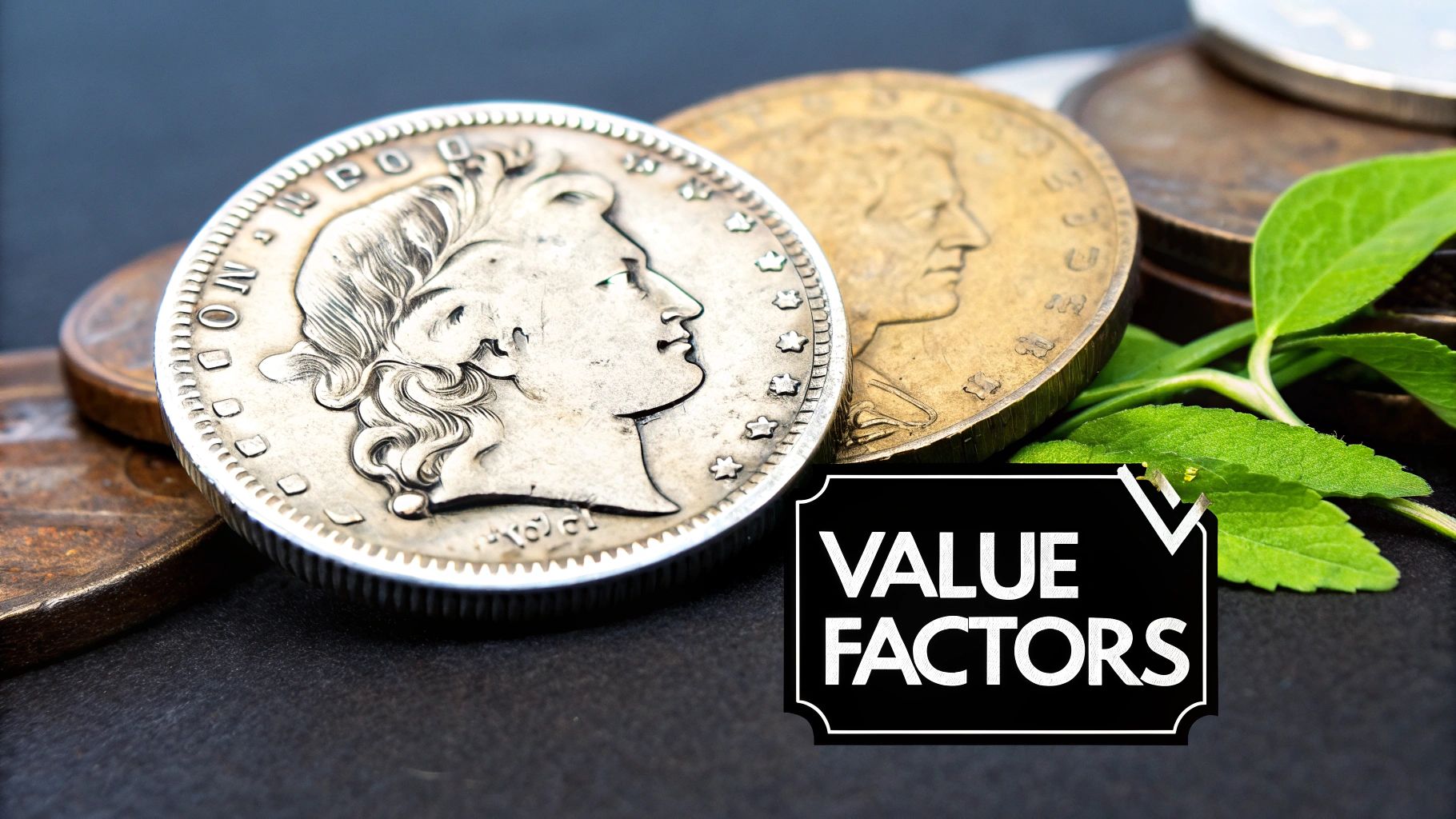 A collection of old silver dollar coins spread out on a wooden surface.