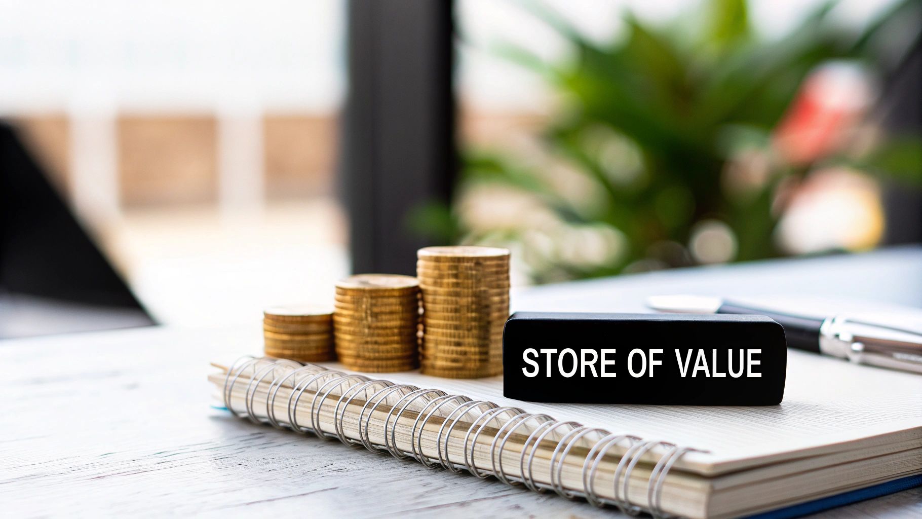 Stacks of gold coins on a notebook next to a block labeled 'STORE OF VALUE', symbolizing financial investment.