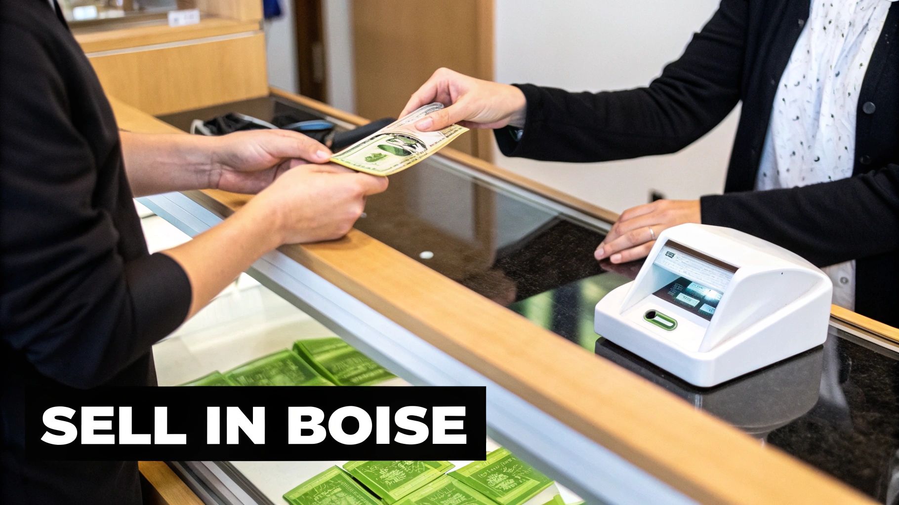 A friendly gold buyer in Boise evaluating a piece of jewelry with professional tools on a clean counter.