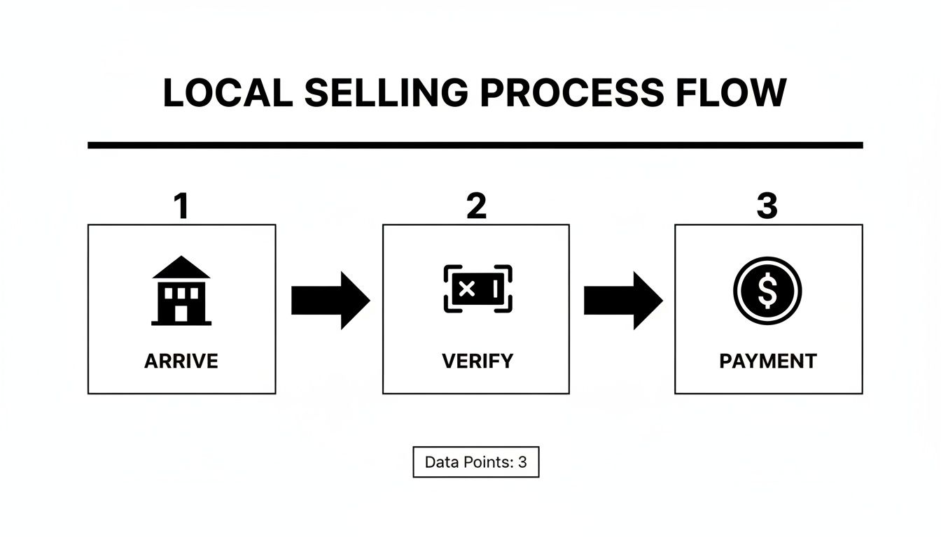 Flowchart illustrating a three-step local selling process: arrive, verify, and receive payment.