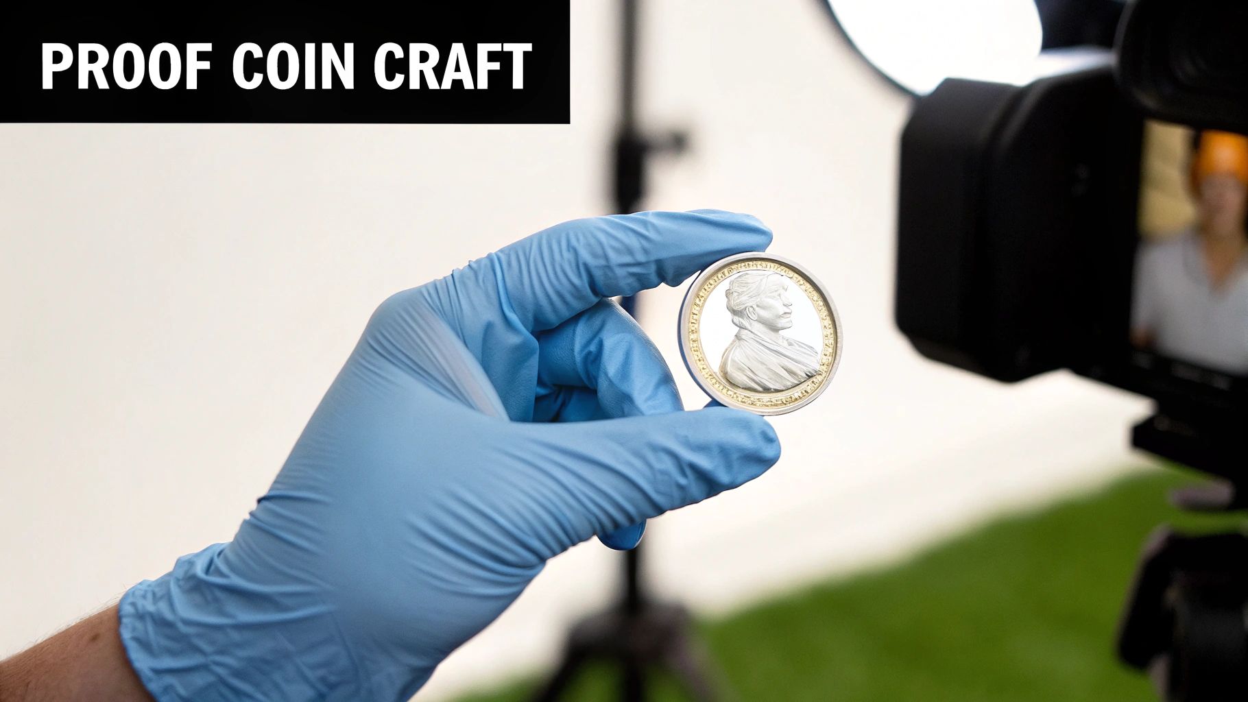 A blue-gloved hand holds a two-tone proof coin featuring a woman's bust, being filmed.