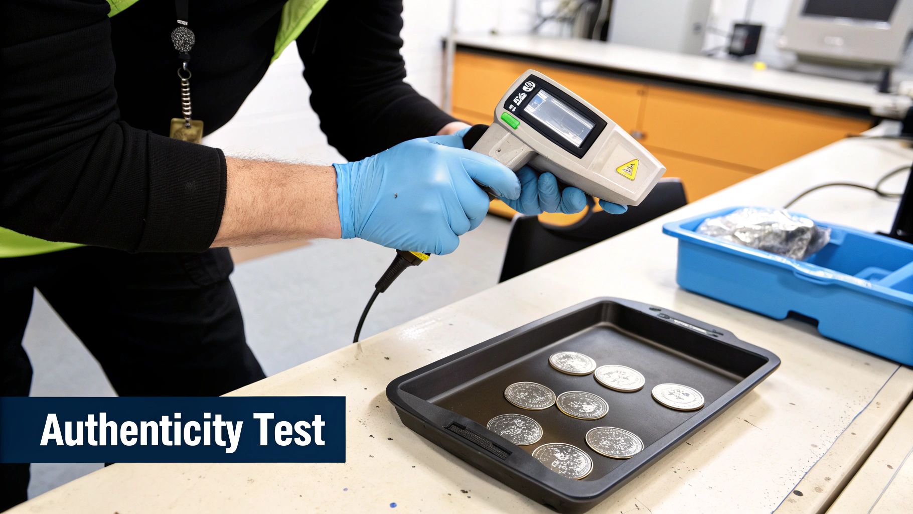 Person in blue gloves using a handheld device to test silver coins for authenticity.