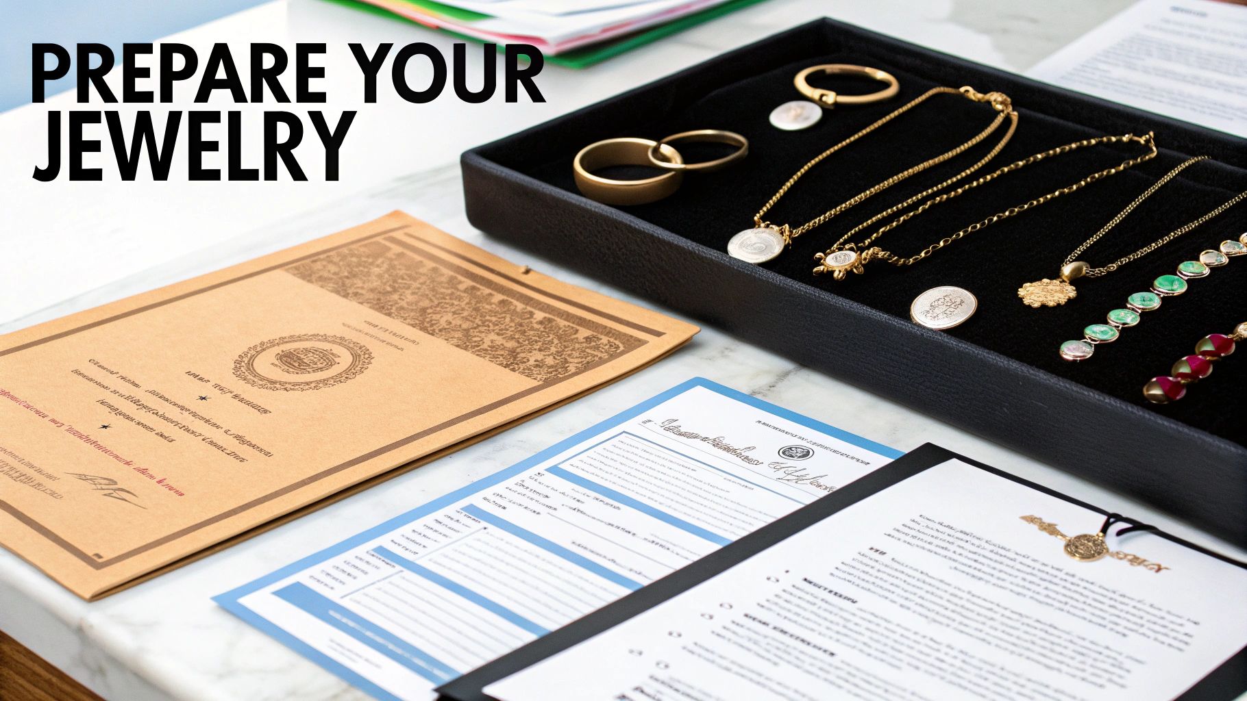 A magnifying glass hovering over various pieces of gold jewelry laid out on a table.