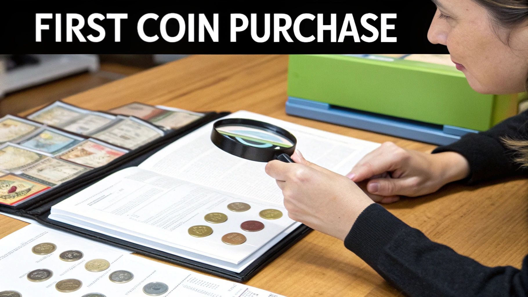 A close-up of a magnifying glass over various valuable coins.