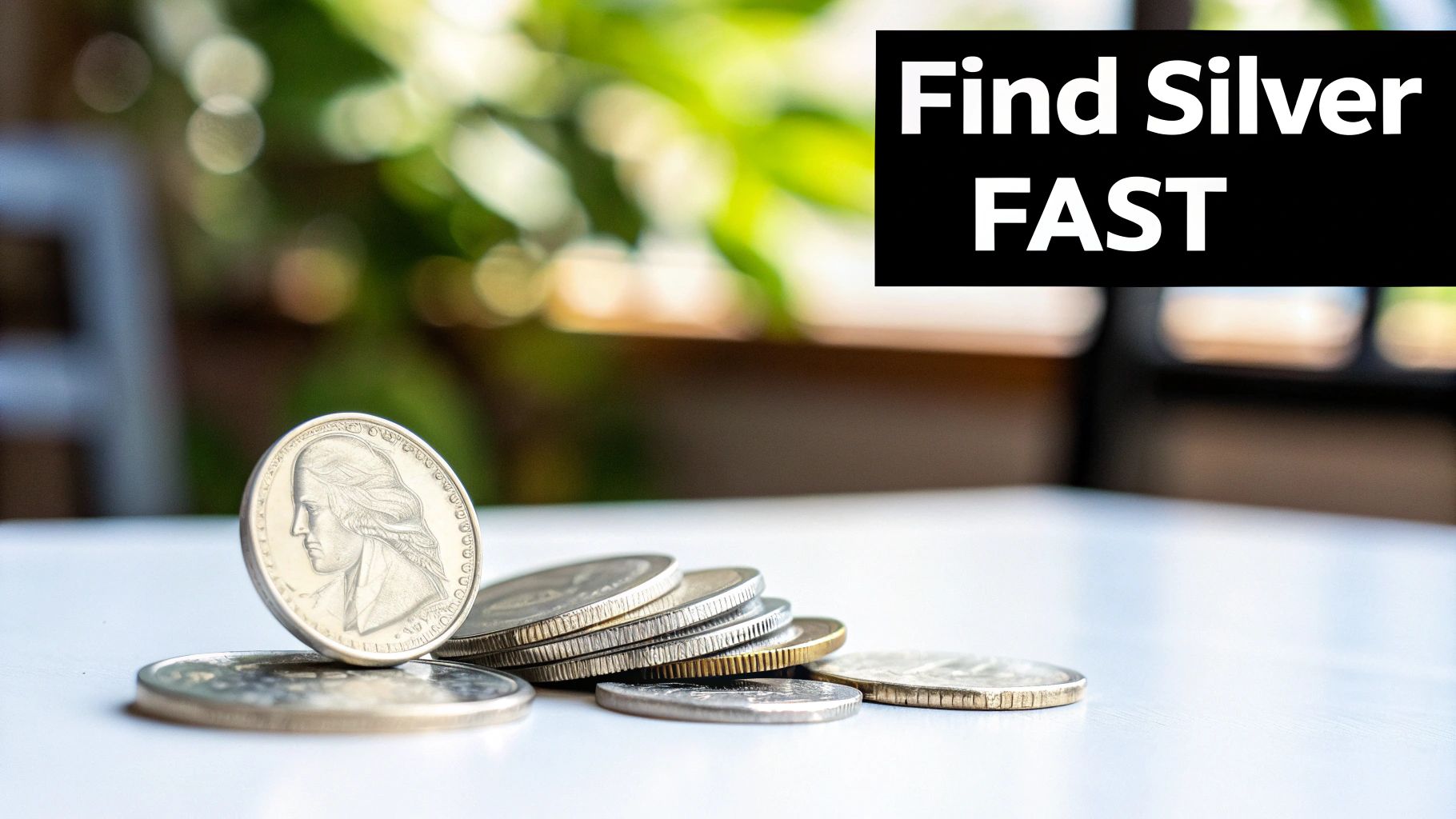 A close-up of shiny silver coins, one standing upright, on a white table with 'Find Silver FAST' text overlay.