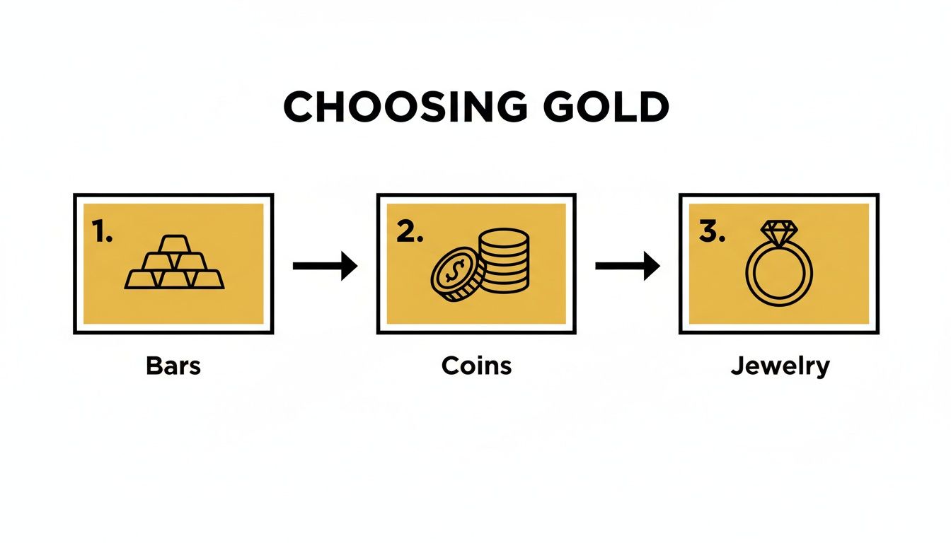 A flowchart titled 'Choosing Gold' displays three options: 1. Bars, 2. Coins, and 3. Jewelry.