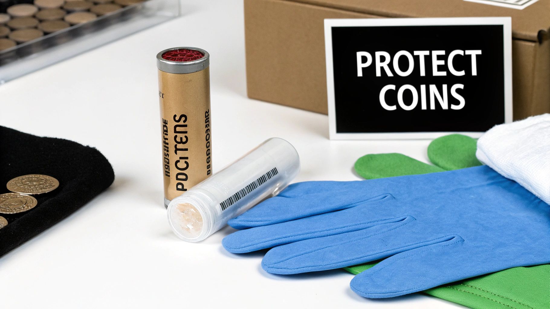 Coin collecting essentials like protective gloves, coin rolls, and a sign advocating 'PROTECT COINS'.