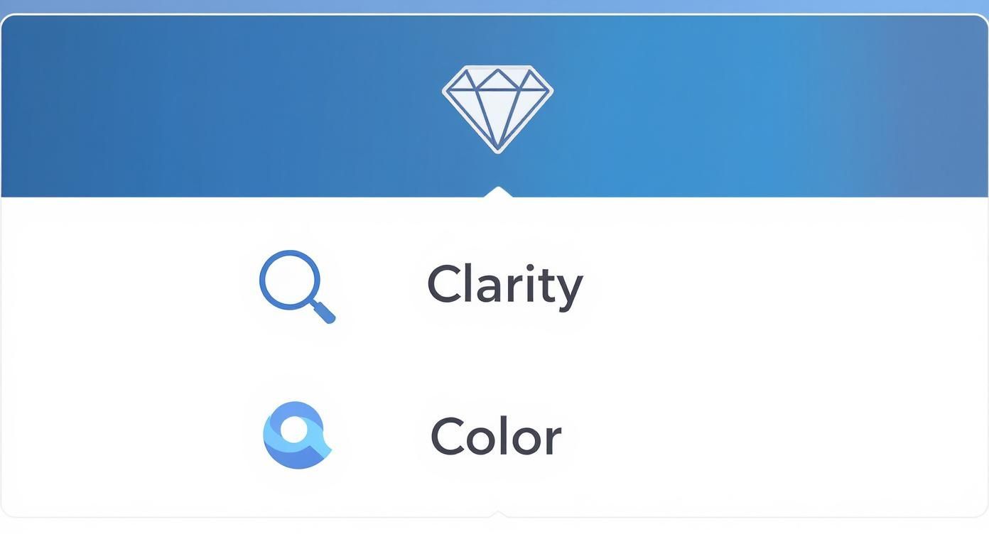 Diamond icon with magnifying glass symbols representing clarity and color grading quality factors