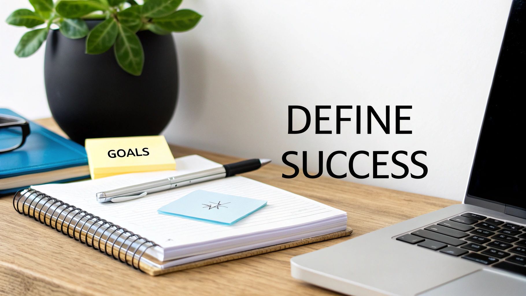 A well-organized workspace featuring a notebook, pen, laptop, and sticky notes with 'DEFINE SUCCESS' on the wall.