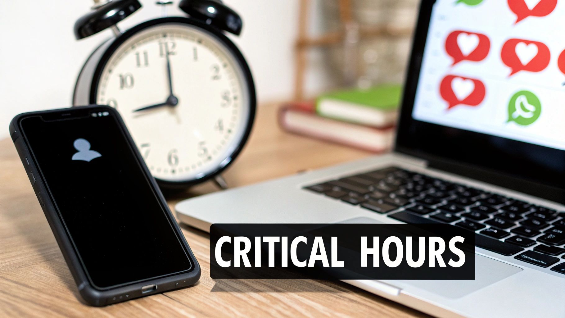 A smartphone, alarm clock, and laptop on a desk, with 'Critical Hours' overlay.