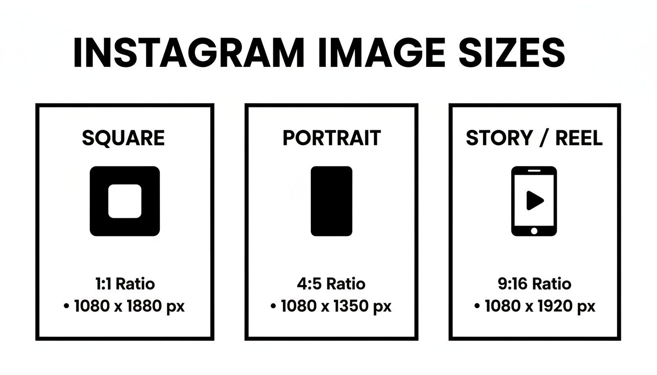 Infographic details Instagram image sizes: Square (1:1, 1080x1880px), Portrait (4:5, 1080x1350px), and Story/Reel (9:16, 1080x1920px).